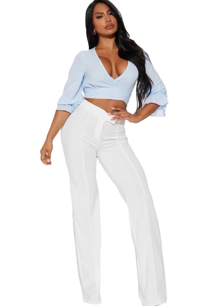 Slimming White High-waist Straight-leg Pants