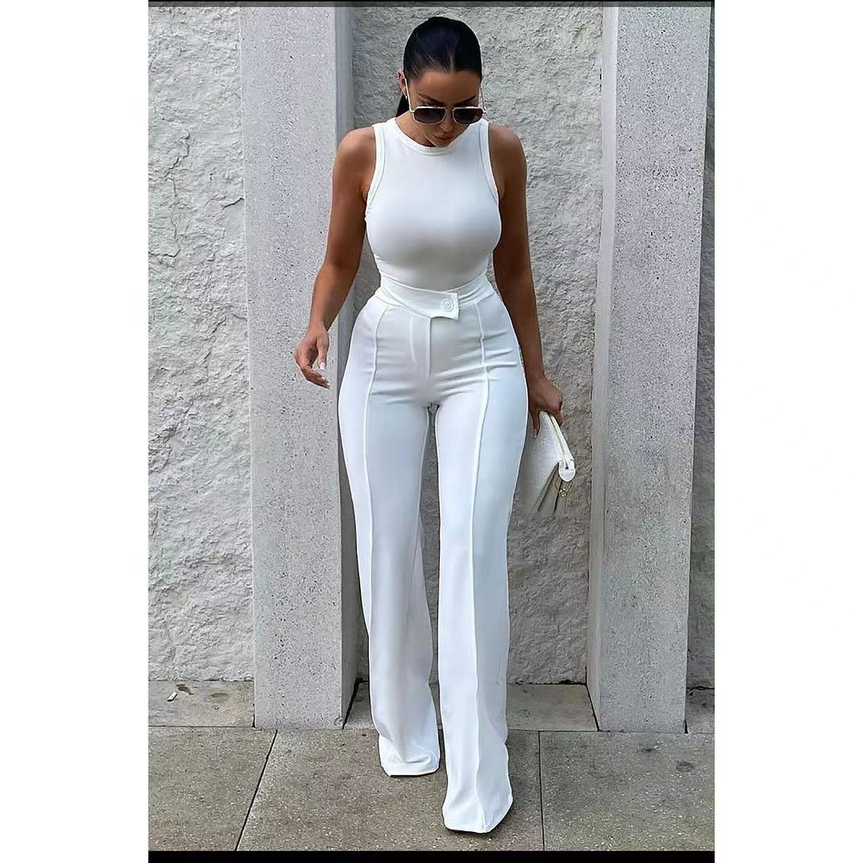 Slimming White High-waist Straight-leg Pants