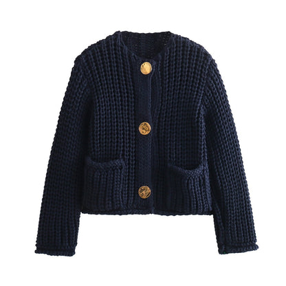 Short Thick Cardigan With Gold Buttons - Modin